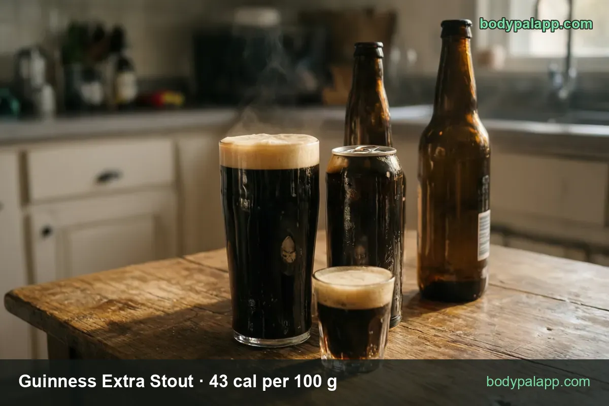 Pint of stout with foam, a small glass, a dark can and two brown bottles on wood; 1 pint 475 g 204 cal, 12 fl oz 356 g 153 cal.