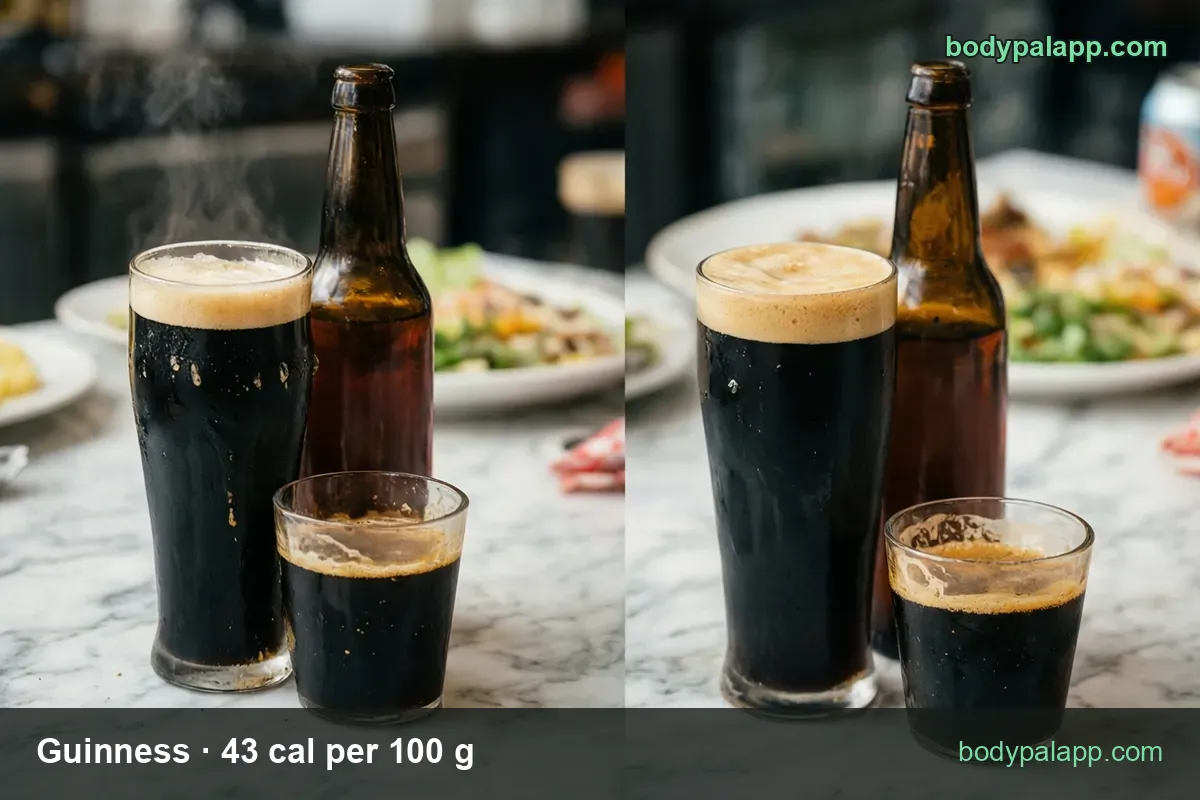 Pint of stout with creamy head, an unlabeled brown bottle and a small stout glass on marble; 480 g 206 cal, 360 g 155 cal.