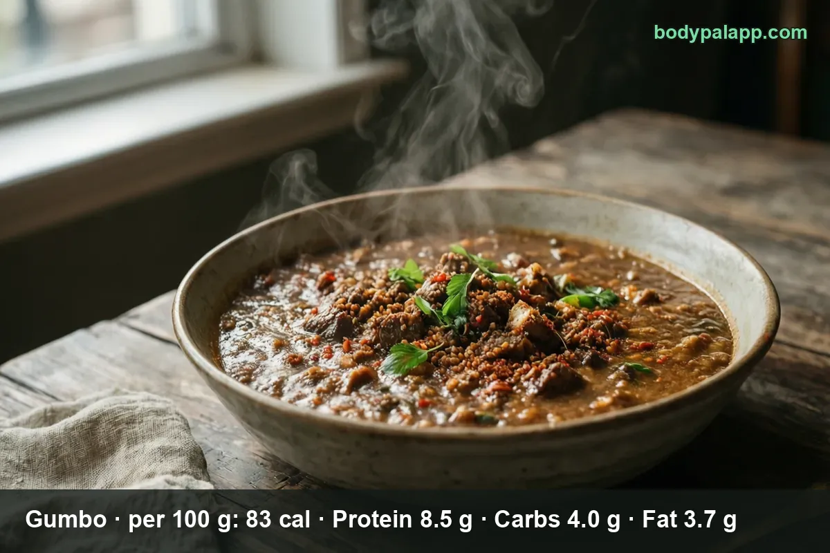 Bowl of thick dark gumbo with ground-style meat and cilantro, no rice or okra
