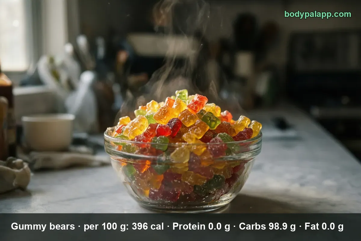 Glass bowl filled with colorful gummy bears, steam rising above the bowl