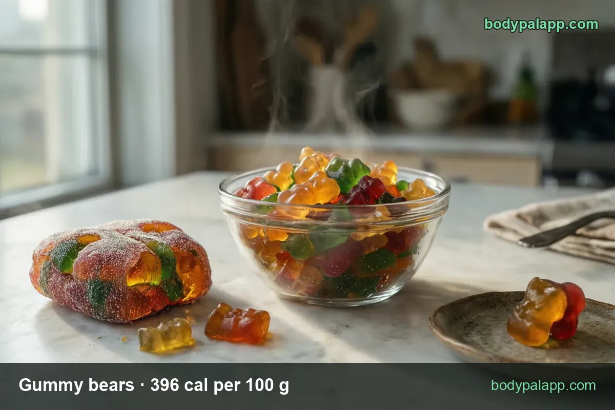 Bowl of gummy bears with two loose bears and a small dish; chips: 10 bears (22 g) 87 cal and 1 cup (182 g) 721 cal