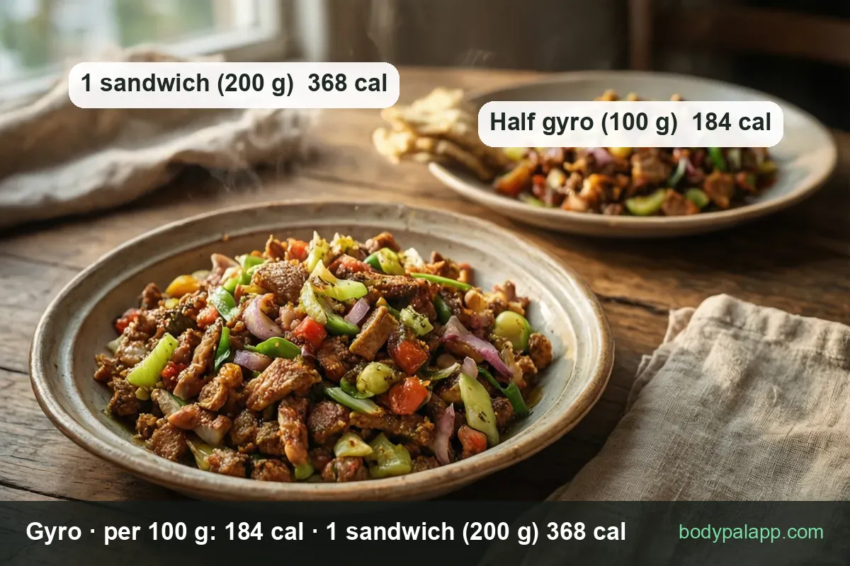 Bowl of chopped gyro meat with peppers, onion and tomatoes, plate with toasted pitas behind; 1 sandwich 200 g 368 cal, half 100 g 184 cal