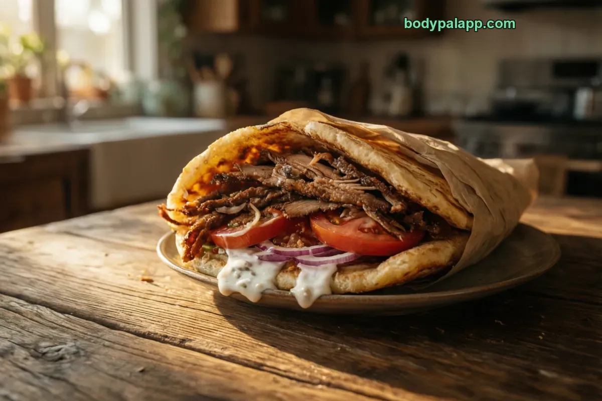 Gyro sandwich, meat, pita and sauce