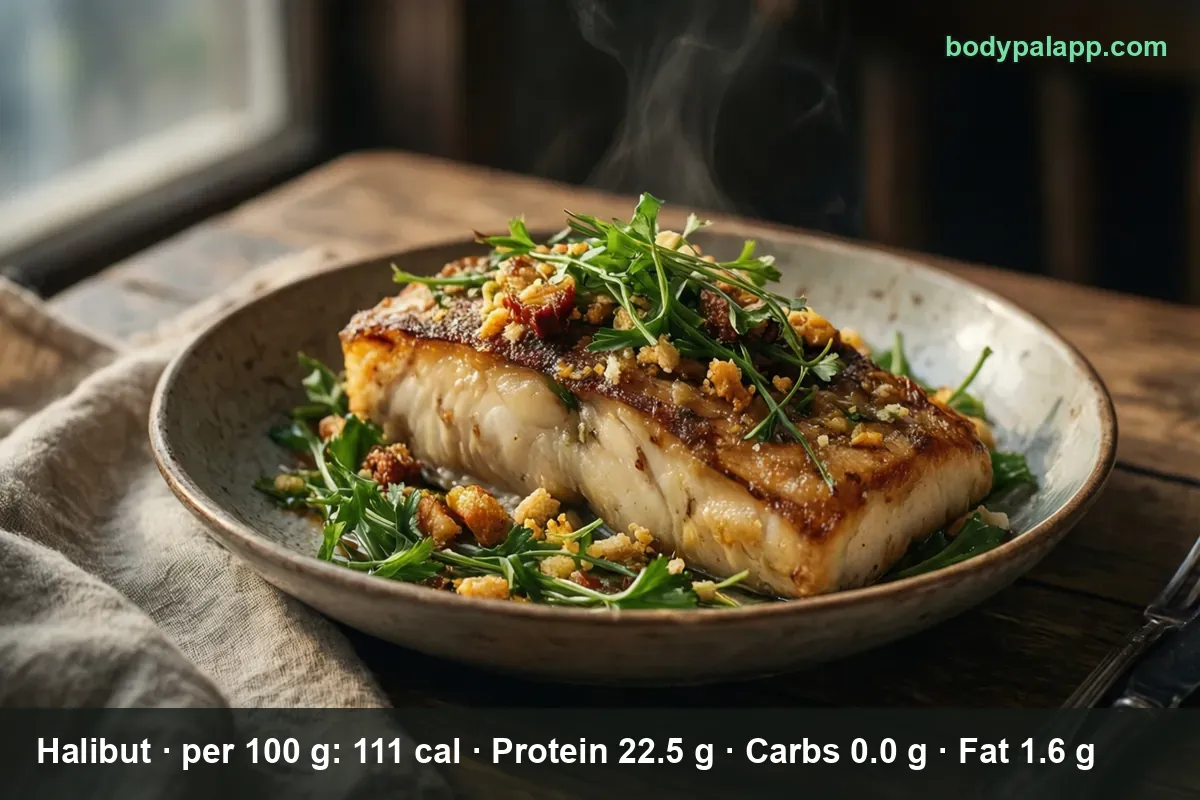 Seared halibut fillet with arugula and crisp crumbs in a deep bowl, steam rising.