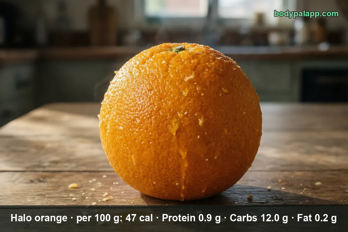 Close-up of a single whole orange with a short stem on top