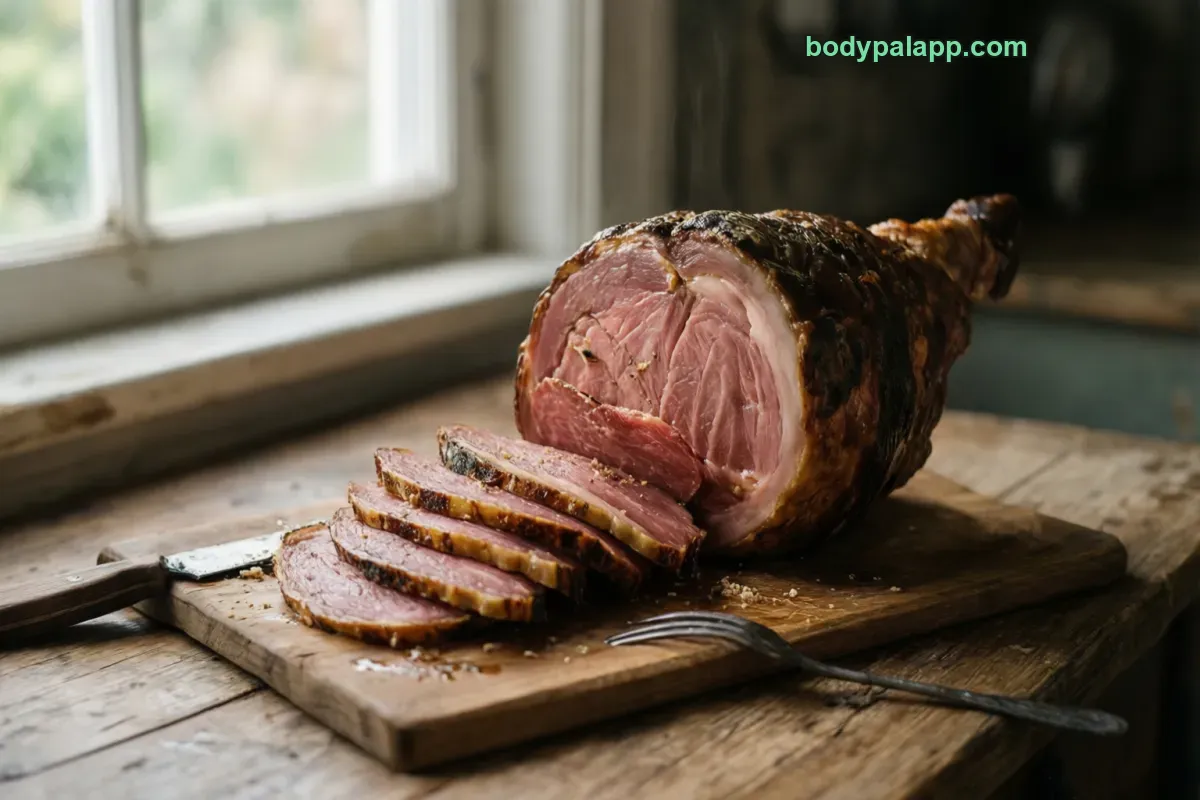 Ham off the bone, cured, bone-in, roasted, lean