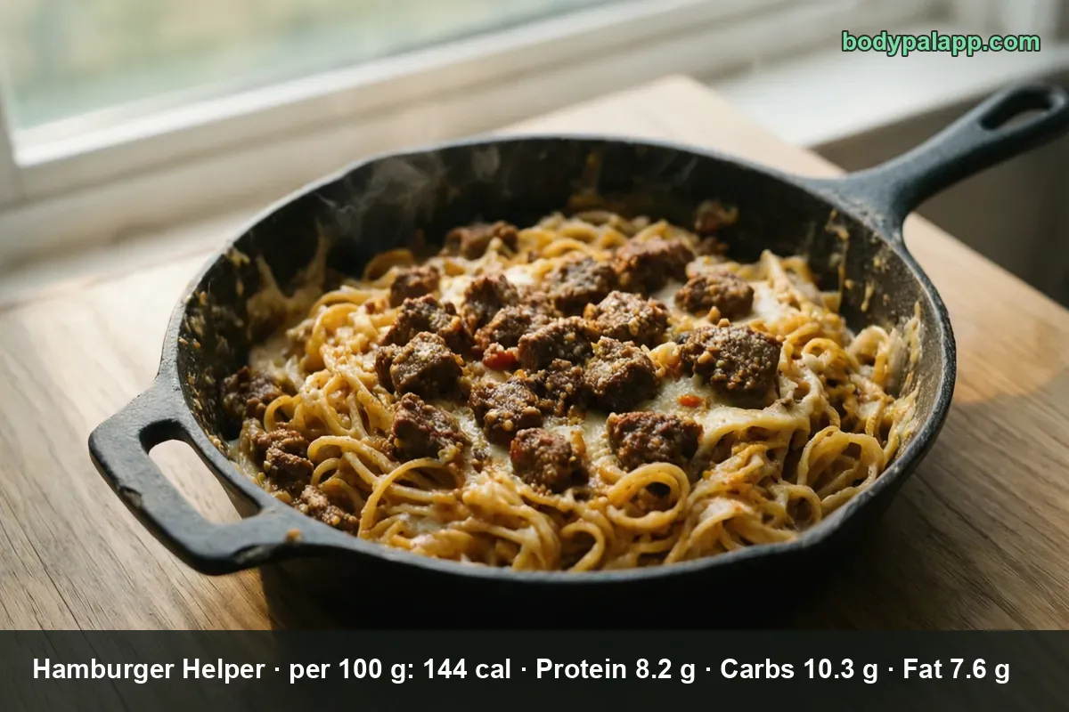 Cast iron skillet of Hamburger Helper spaghetti in cheese sauce with pieces of browned ground beef