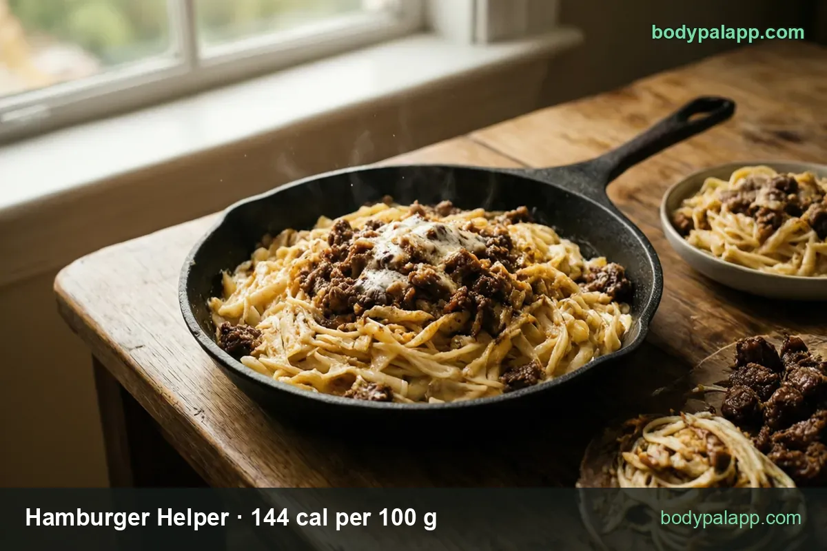 Skillet of Hamburger Helper noodles with beef, bowl and small plate servings: 1 cup 331 cal and half cup 166 cal