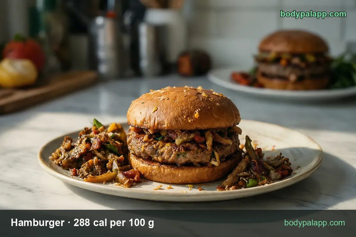 Hamburger on a plate with stewed onion beside it, second burger behind: 1 hamburger (145 g) 418 cal, 2 hamburgers (290 g) 835 cal