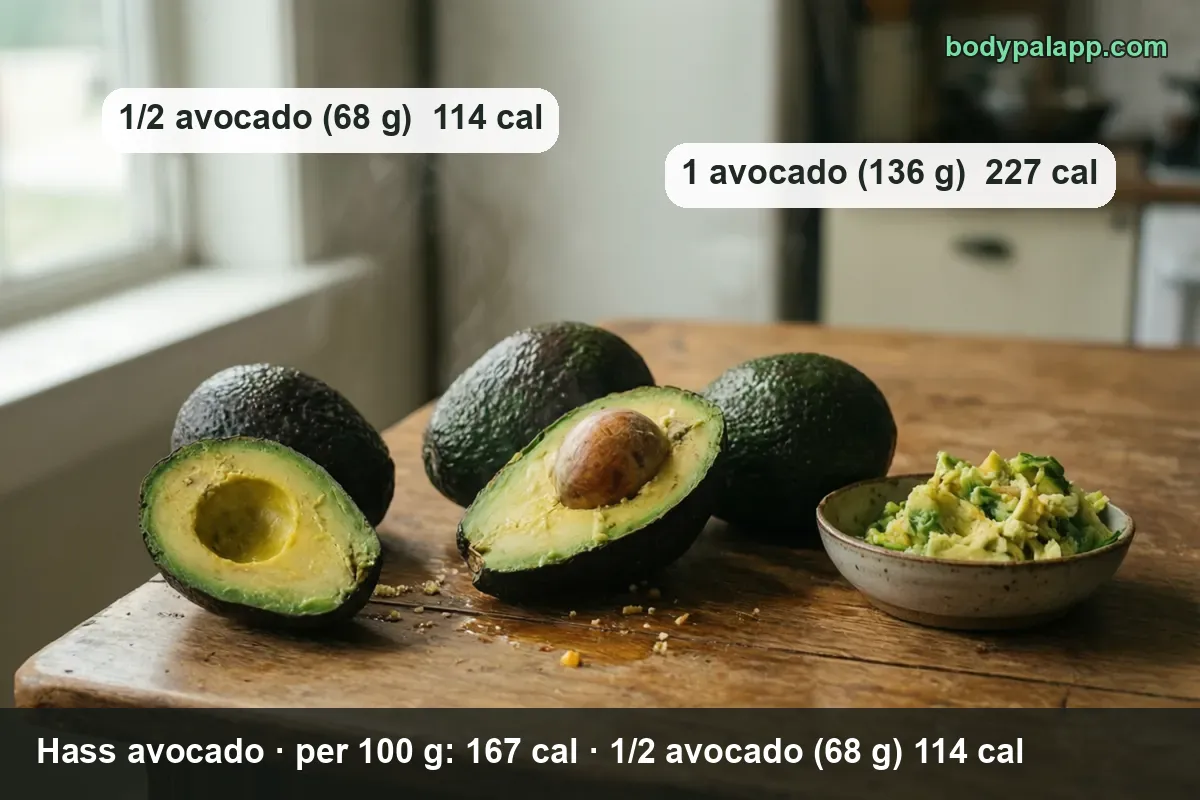 Whole Hass avocados, two halves and a bowl of mashed avocado - 1/2 avocado (68 g) 114 cal and 1 avocado (136 g) 227 cal