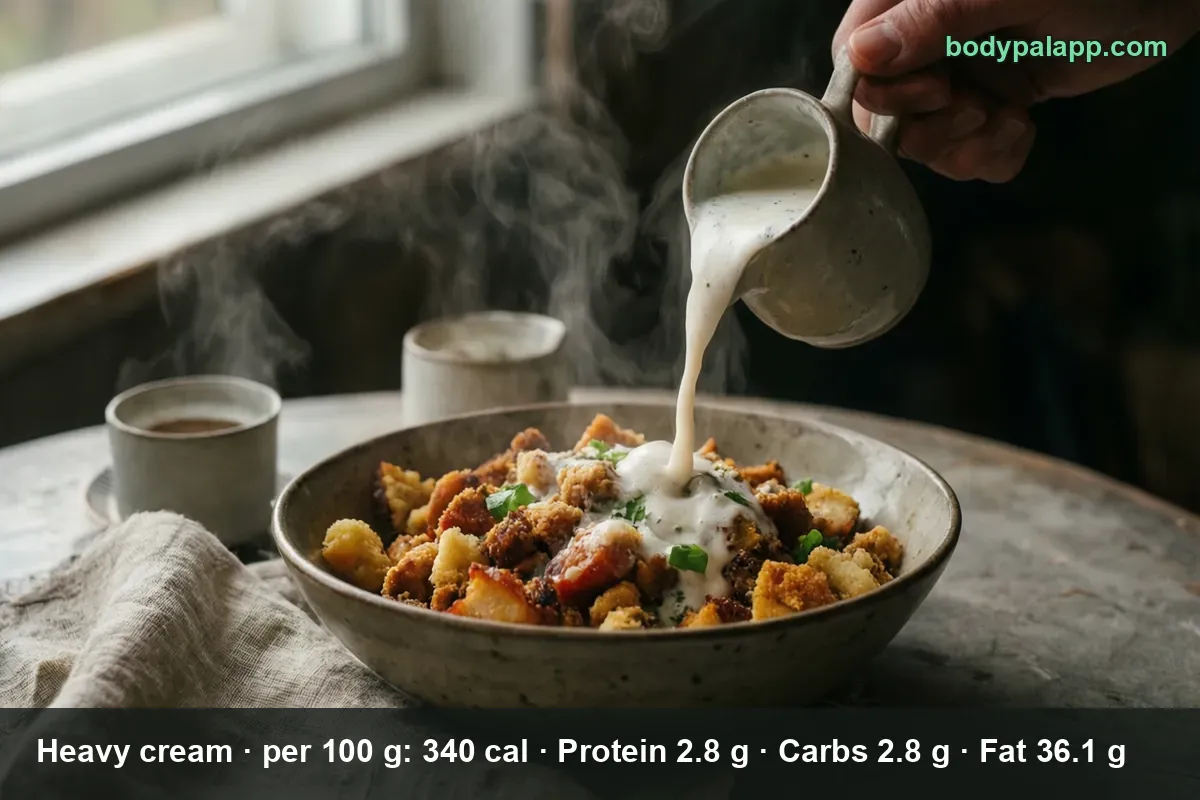 Hand pouring heavy cream from a ceramic jug over a bowl of breaded bites, steam rising.