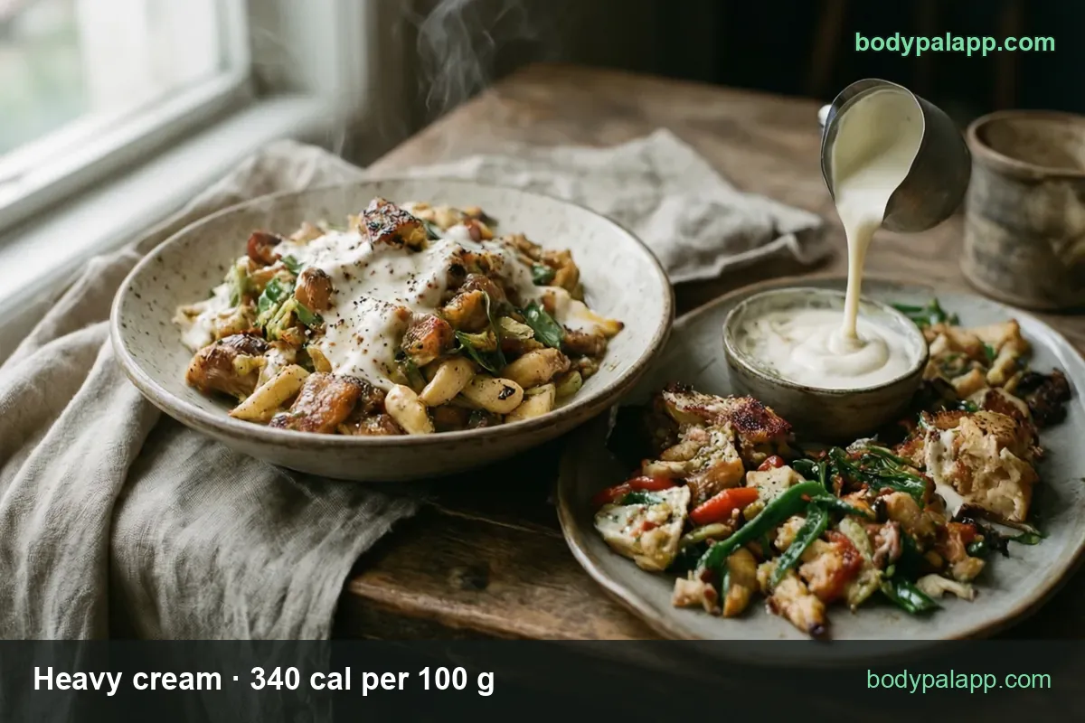 Heavy cream poured from a metal jug into a small bowl beside a creamy sauteed dish and pepper stir-fry; 1 tbsp 51 cal, 1/4 cup 202 cal.