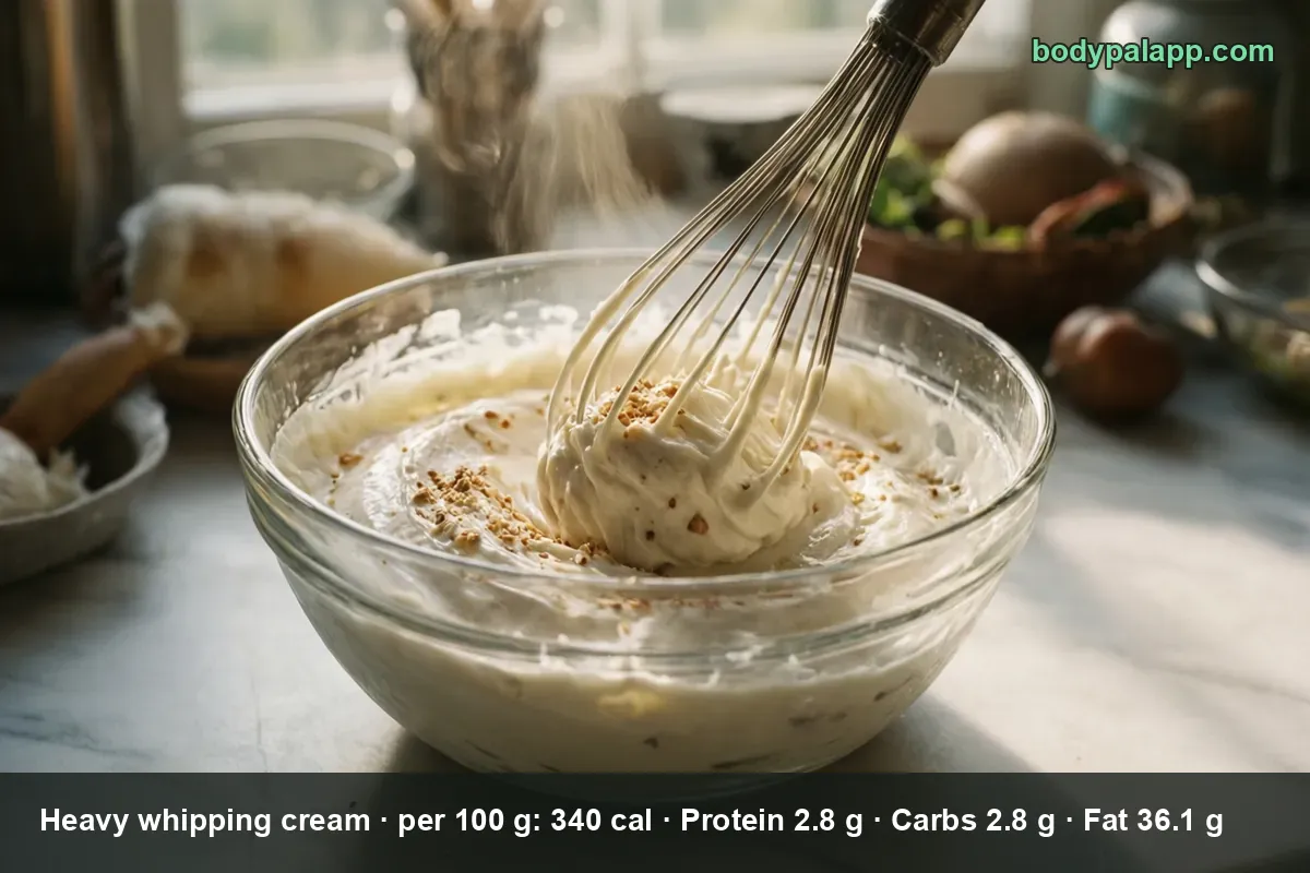 Glass bowl of thick whipped heavy cream with a wire whisk and crumbs on top