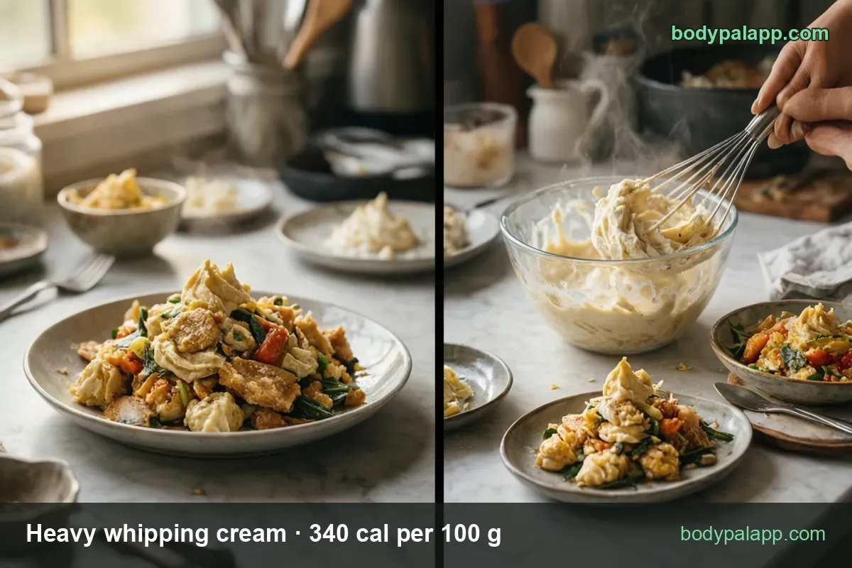 Two panels: sauteed dish in a creamy sauce and a glass bowl of whipped cream with a whisk; chips 1 cup whipped 408 cal and 1 tbsp 51 cal