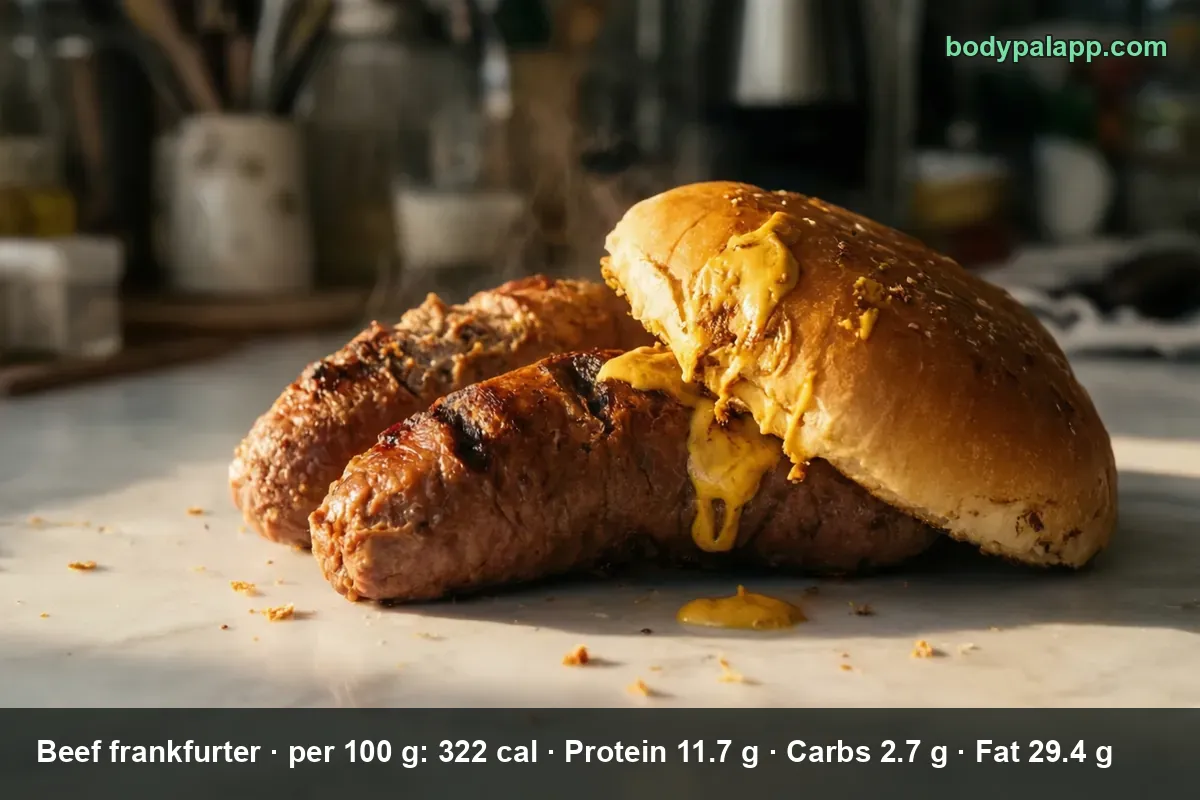Two grilled beef frankfurters beside a half-open hot dog bun with mustard, no packaging or brand visible