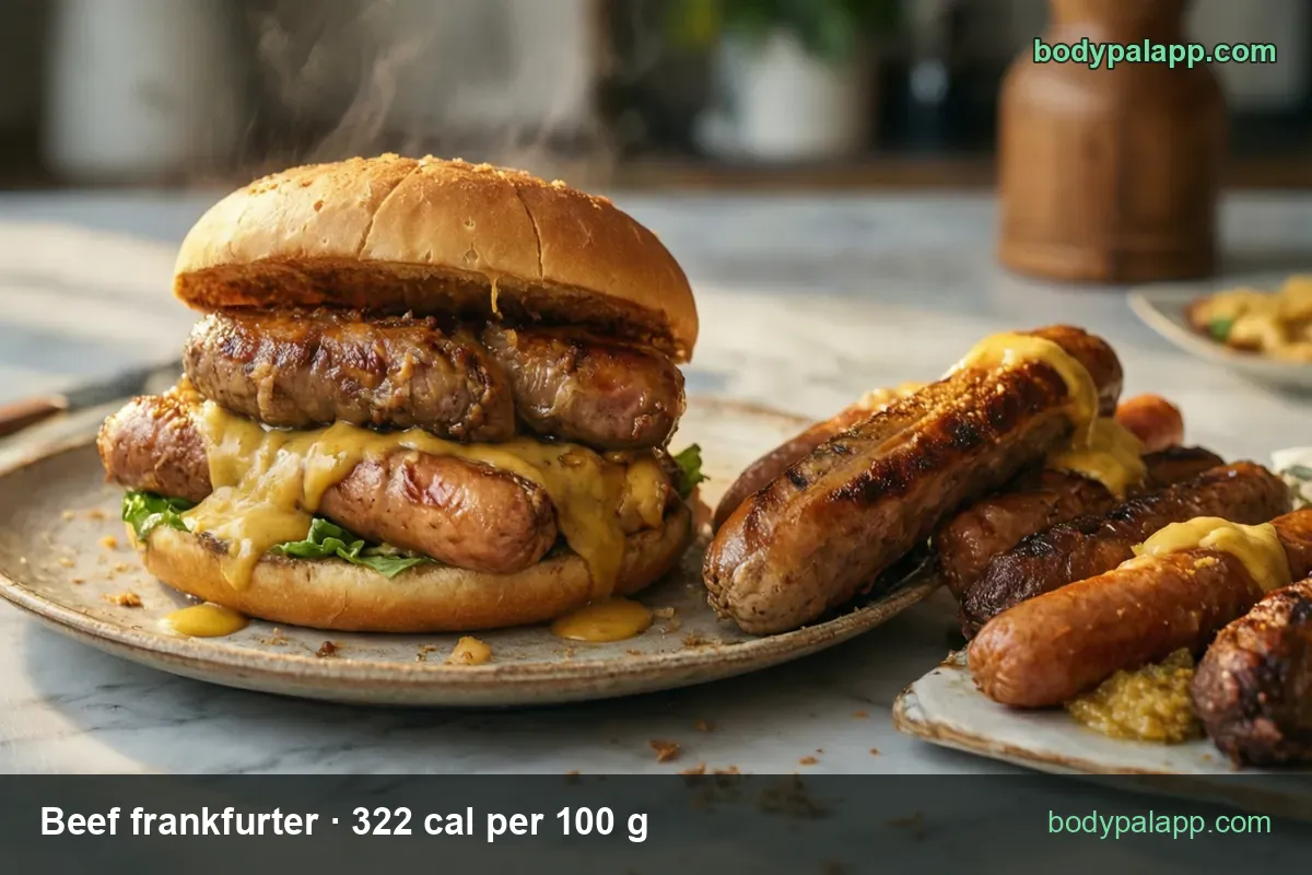 Bun with three grilled franks, mustard and lettuce, plus a plate of five grilled franks; chips: 1 frankfurter 155 cal, 3 frankfurters 464 cal