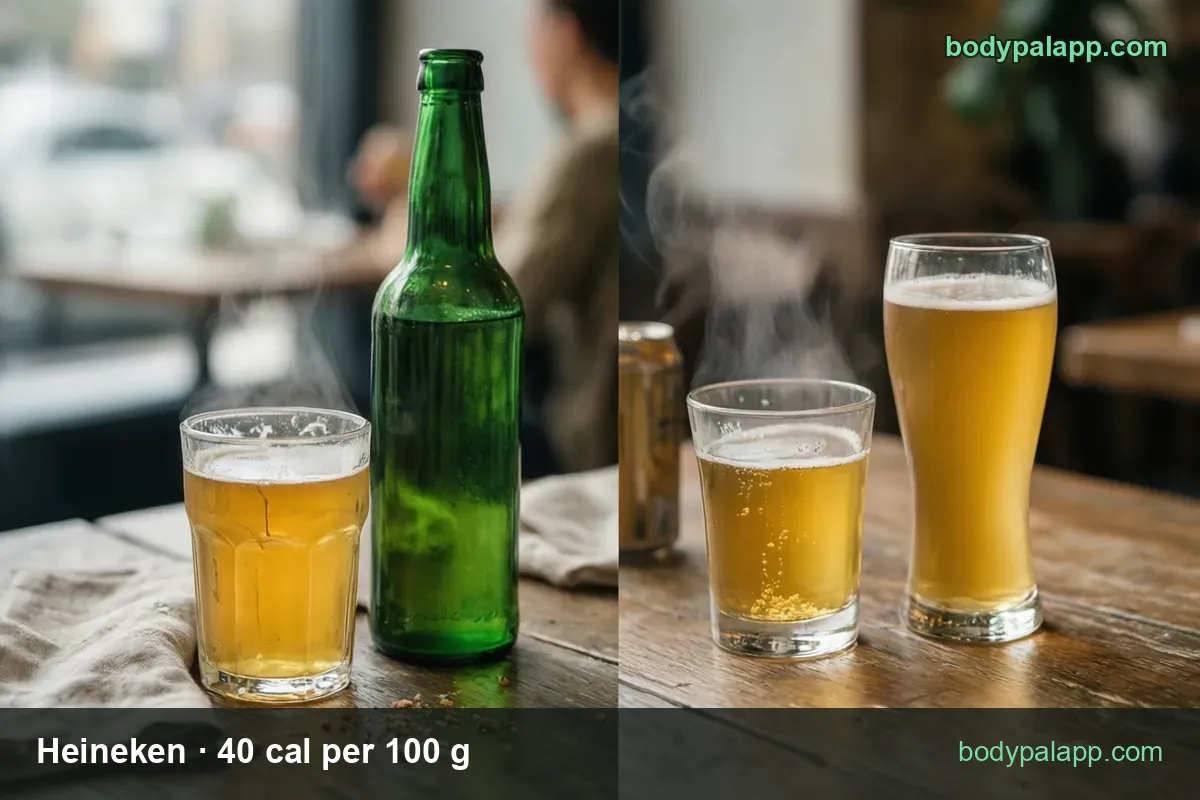 Two panels: a glass of pale beer beside a plain green bottle, and two foamy glasses; chips read 1 bottle 142 cal, 1 glass 95 cal.