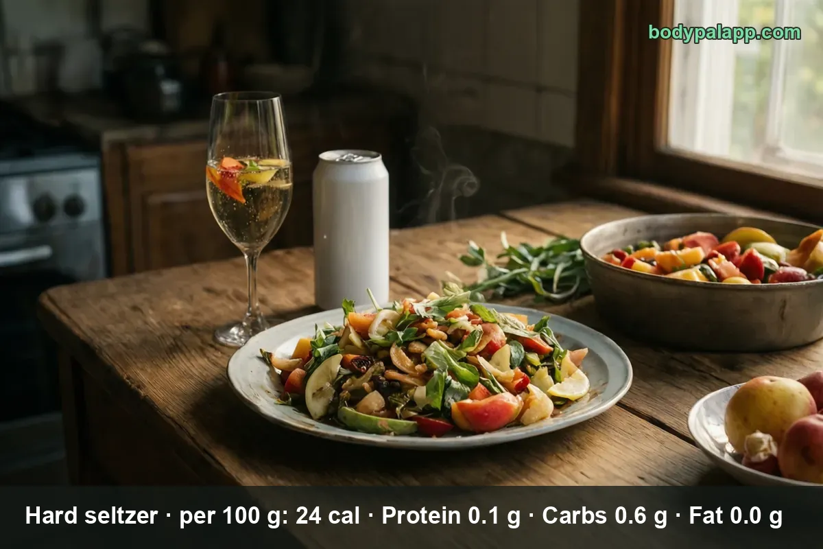 Glass of sparkling drink with fruit beside a plain white can and a plate of fruit salad in front.