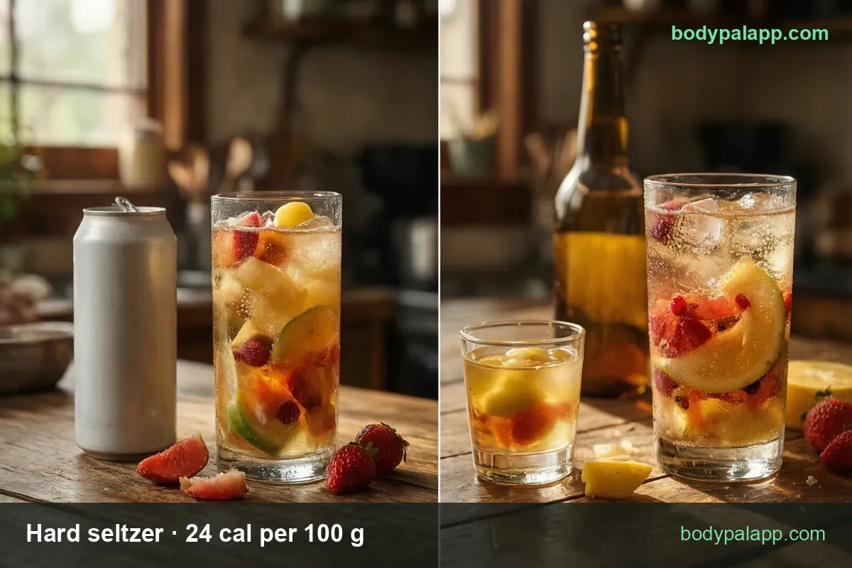 Plain white can beside a tall glass with ice and fruit; chips read 12 fl oz can (360 g) 86 cal and 8 fl oz glass (240 g) 58 cal.