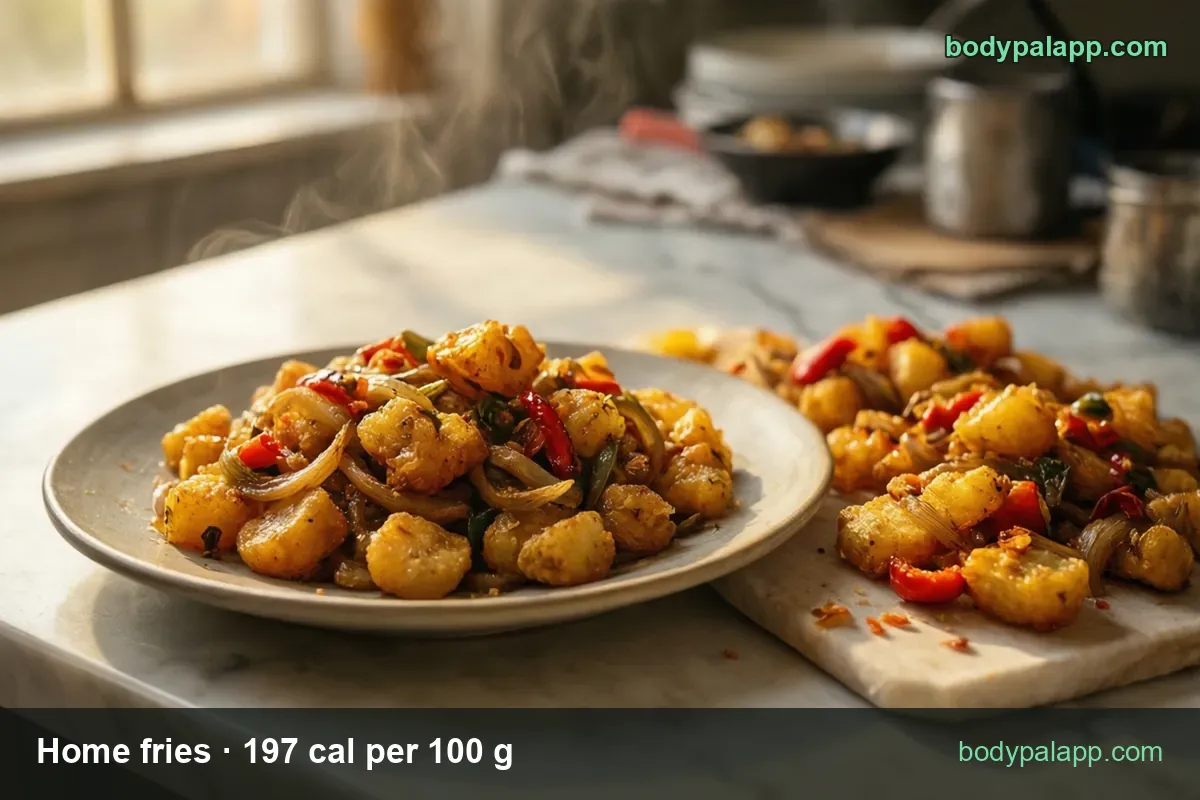 Plate of crispy home fries with onion and red pepper, another portion on a marble board; 1 cup 394 cal, 1/2 cup 197 cal