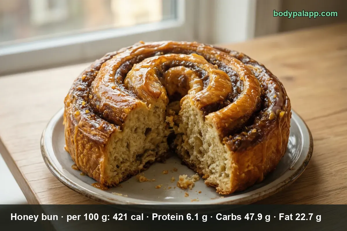 Large glazed honey bun cut open on a plate - 358 calories in a 3 oz bun
