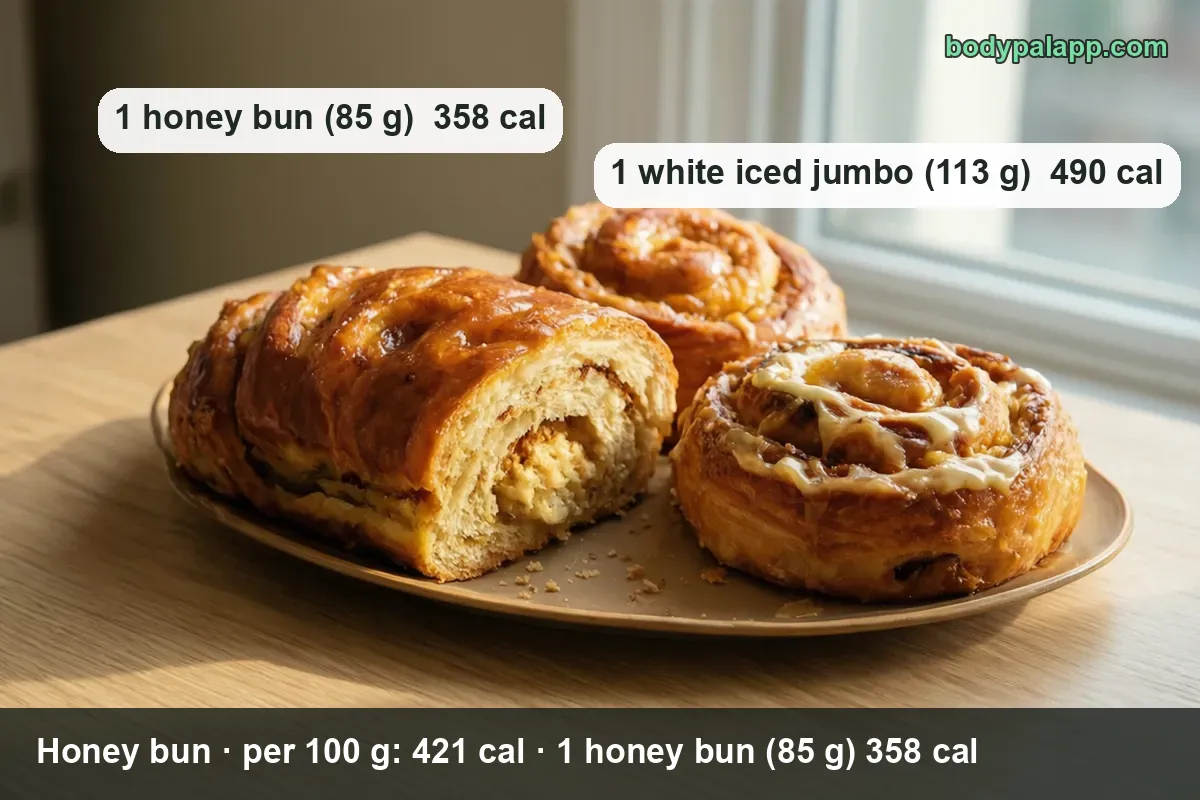 Three honey buns - one cut open, one plain glazed spiral and one topped with white icing