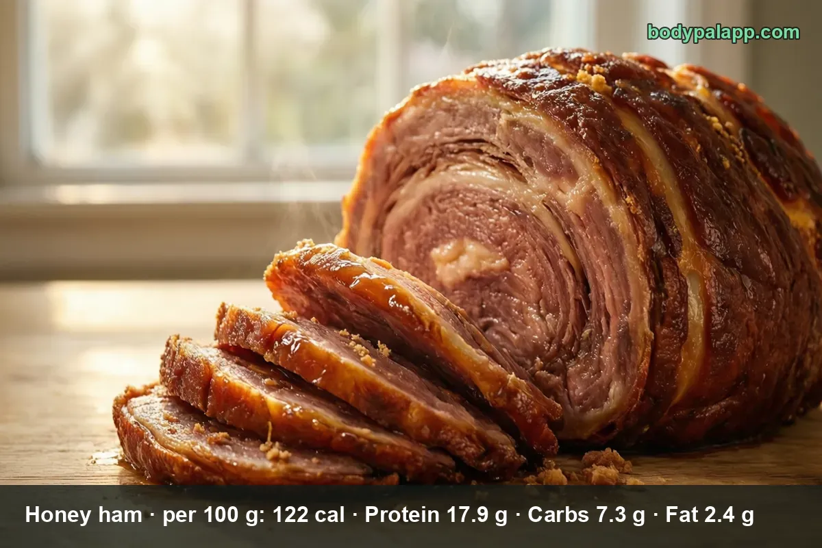 Glazed honey ham with five carved slices in front, the cut face showing its layered structure.