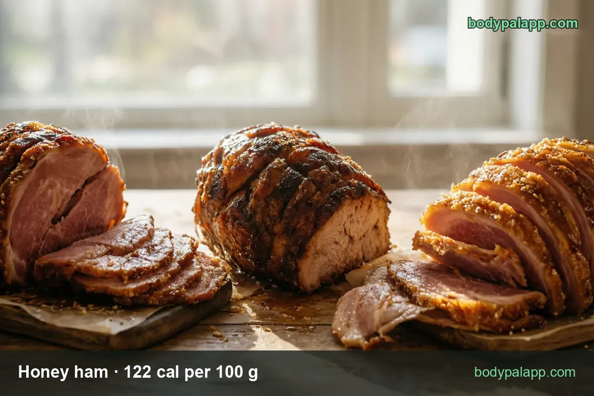 Three glazed honey hams on boards, carved and whole; 1 thick slice (55 g) 67 cal, 3 oz (85 g) 104 cal.
