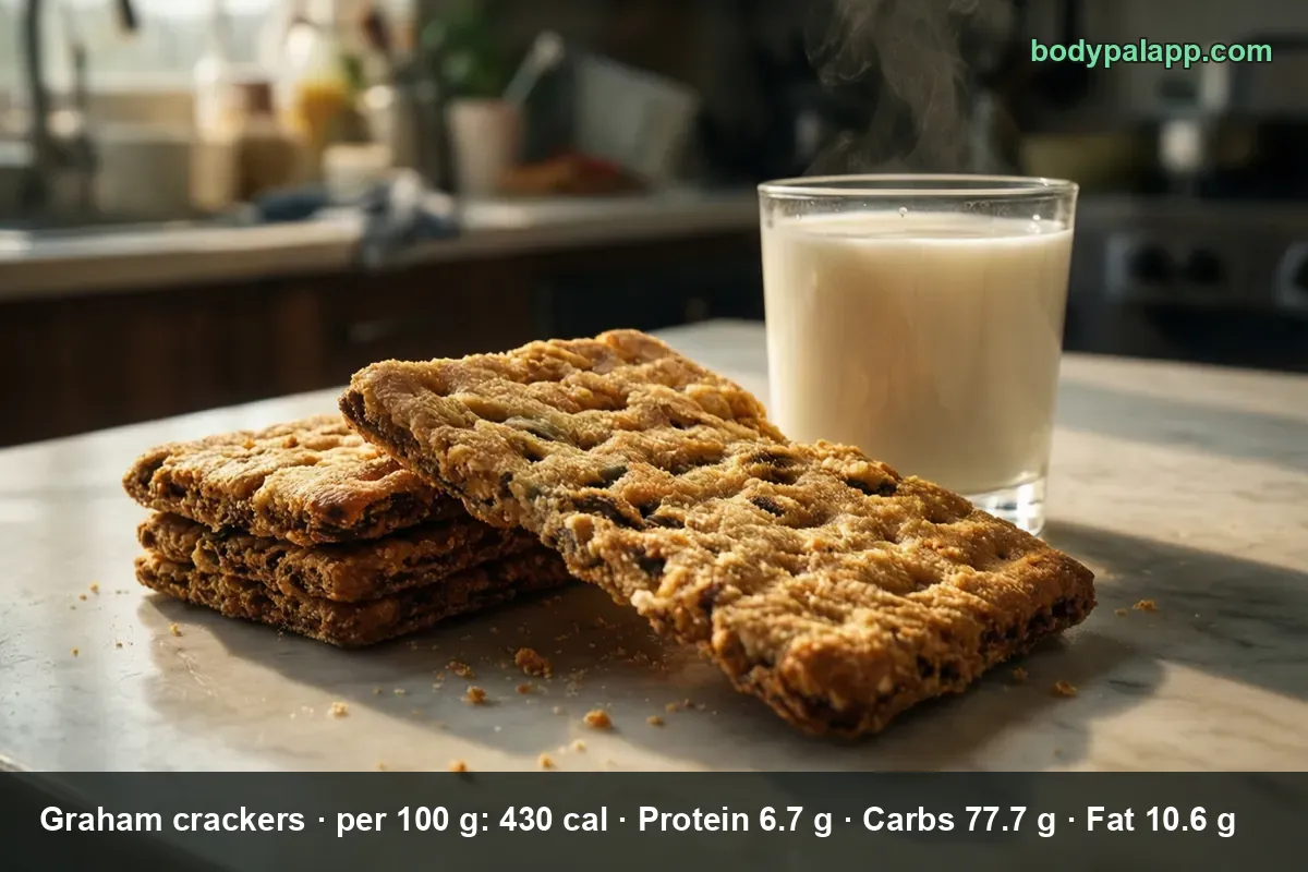 Three rectangular honey-brown graham crackers next to a glass of milk
