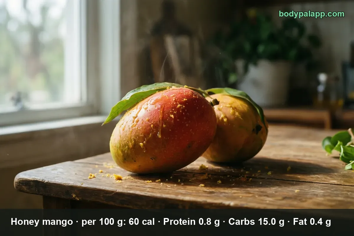 Two whole red-green mangoes with leaves on a wooden table.