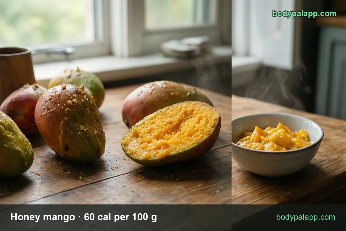 Whole mangoes and a halved mango next to a white bowl of mango pieces; 1 cup pieces 165 g 99 cal, whole mango 336 g 202 cal.