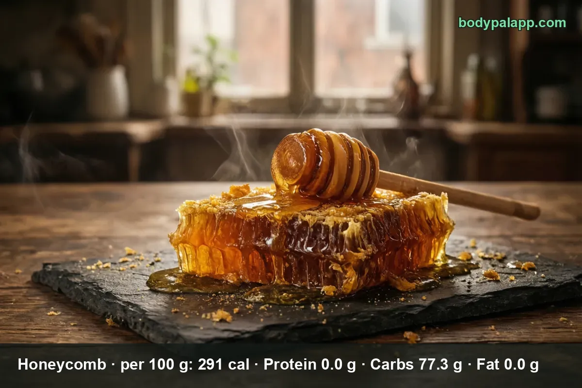 Piece of waxy honeycomb drizzled with honey, wooden honey spoon resting beside it on a slate slab