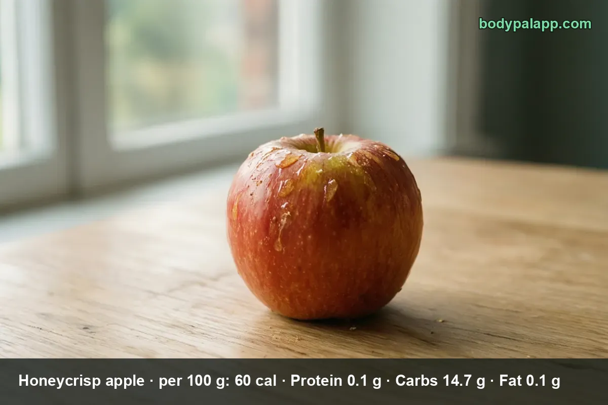 One whole red-and-yellow honeycrisp apple with water droplets on a wooden table.