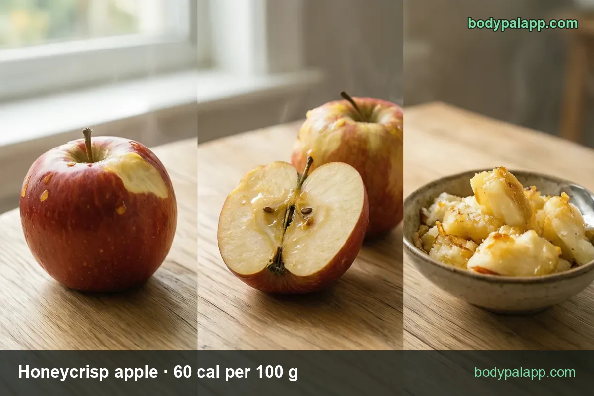 Three panels: whole honeycrisp apple, halved apple with seeds, bowl of peeled apple cubes; chips 1 medium (182 g) 109 cal, half (91 g) 55 cal.