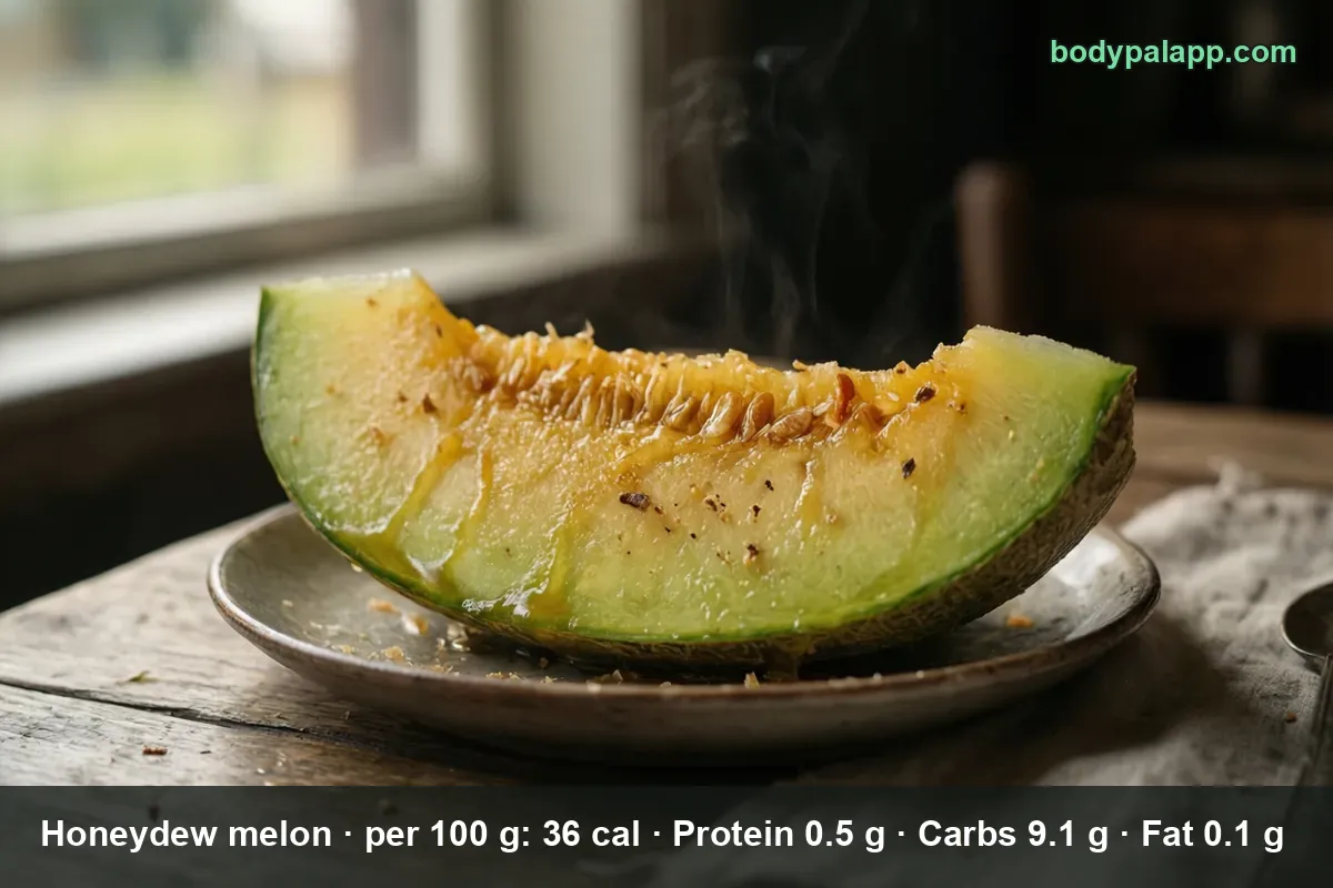 Slice of honeydew melon with pale green flesh and seeds in a ceramic bowl