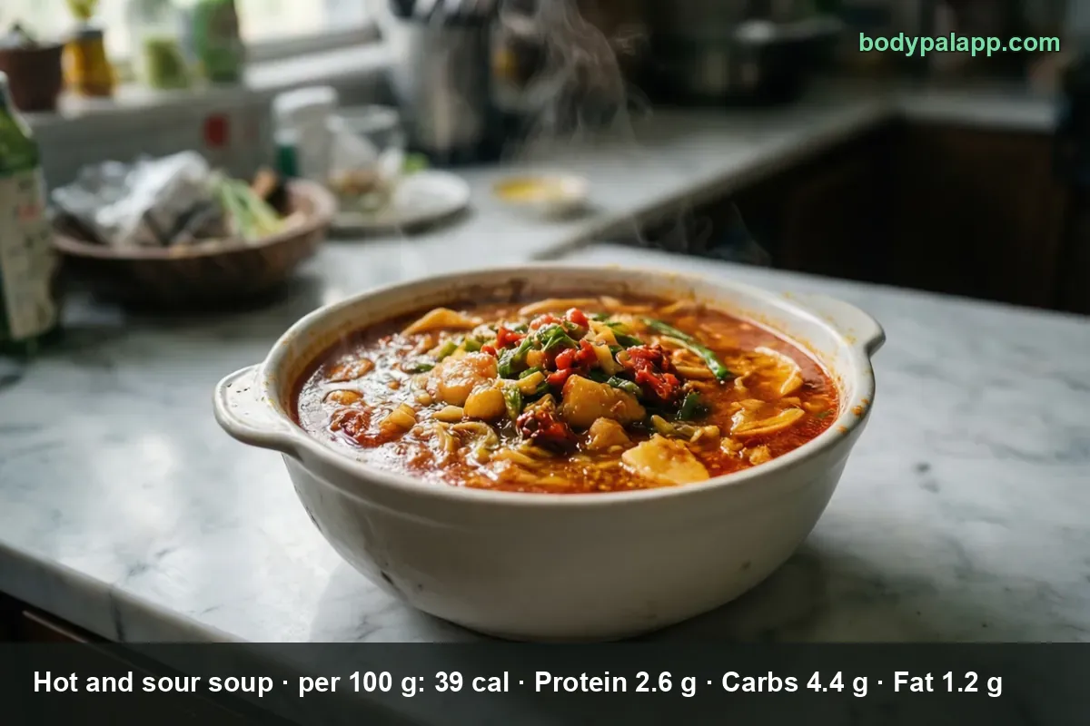 White bowl of red spicy hot and sour soup with tofu cubes, sliced green onion and chili