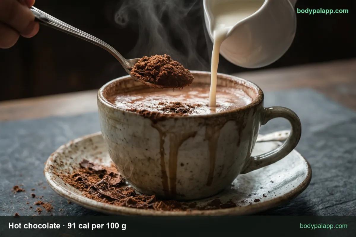 Two mugs of hot chocolate with marshmallows, a broken chocolate muffin and a dish of marshmallows; 1 cup 226 cal, 12 fl oz 339 cal