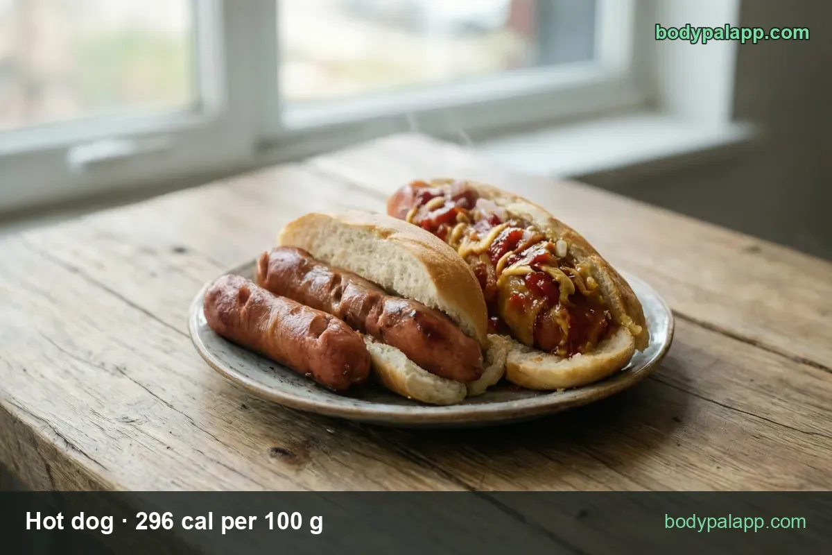 Plate with two cooked sausages, an empty bun and a hot dog with ketchup, mustard and onion; 1 hot dog 102 g and 2 hot dogs 204 g