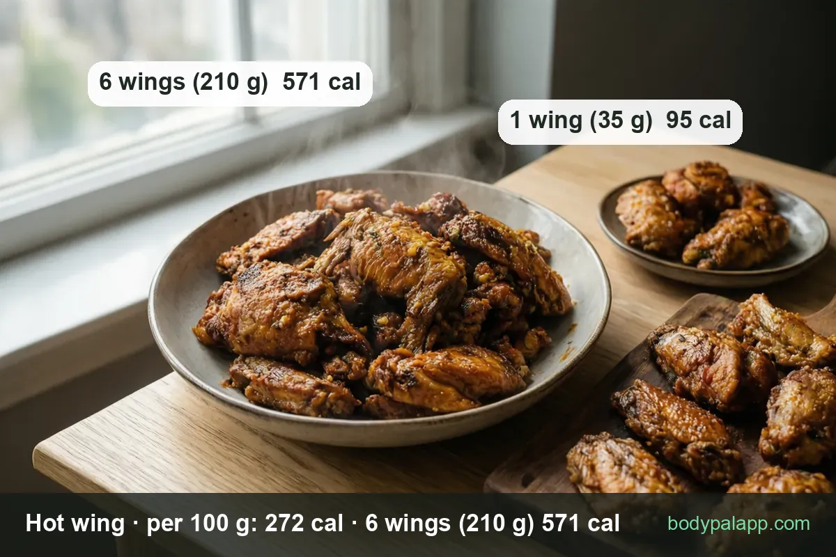 Bowl of about eight hot wings, a small plate with three more and a board of wings; 6 wings (210 g) 571 cal, 1 wing (35 g) 95 cal