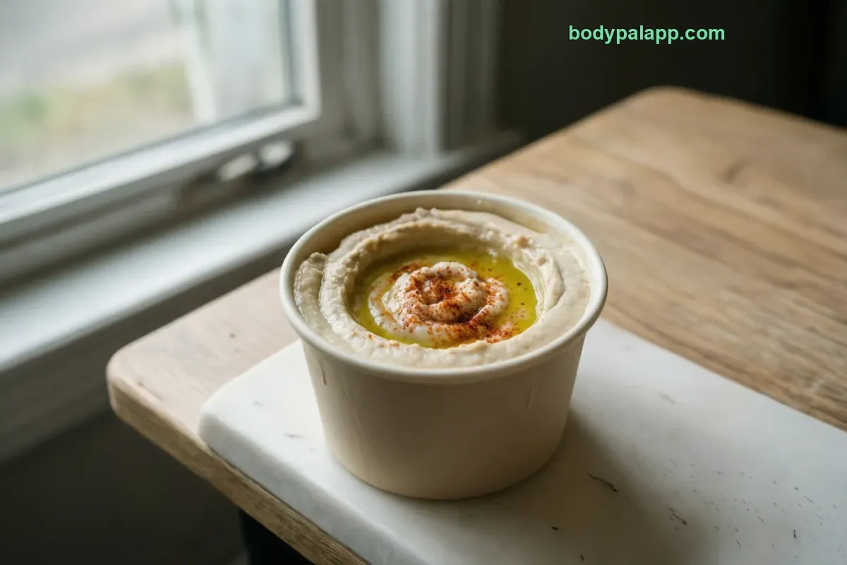 Hummus cup, packaged, per label