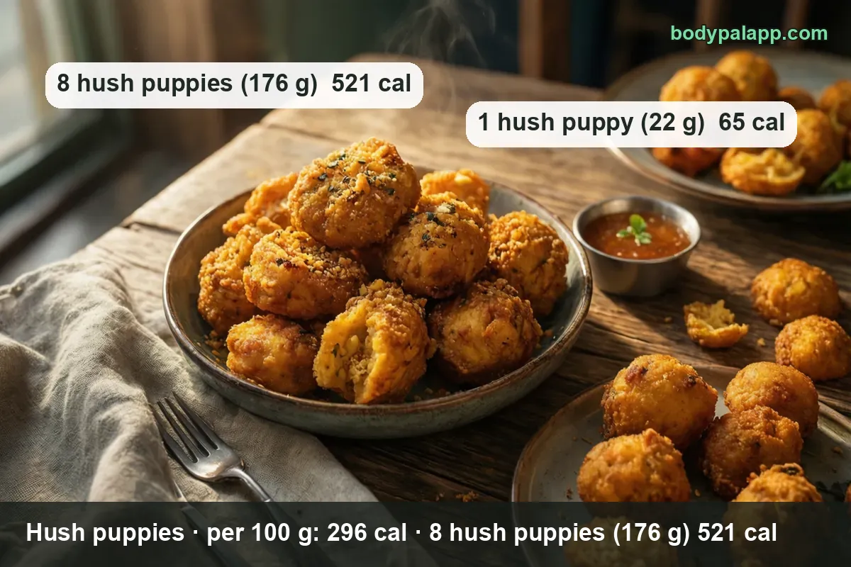 Bowl of fried hush puppies with brown dipping sauce, one broken open; 8 hush puppies 521 cal, 1 hush puppy 65 cal