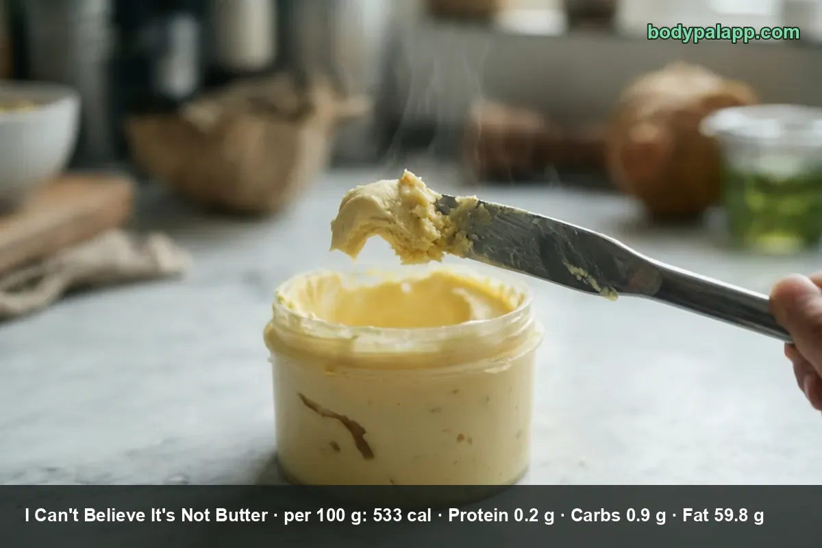 Open white tub of yellow vegetable oil spread with a hand holding a knife that carries a spread of it