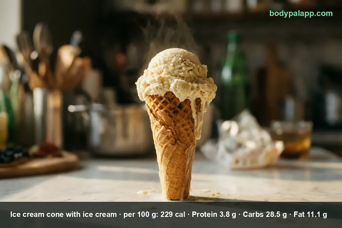 Upright waffle cone holding a scoop of vanilla ice cream that is melting down the side