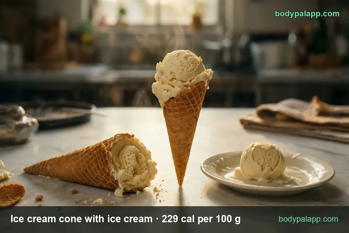 Waffle cone lying flat, upright cone with one scoop and a single scoop: 1 cone (125 g) 286 cal, 1 oz (28.4 g) 65 cal