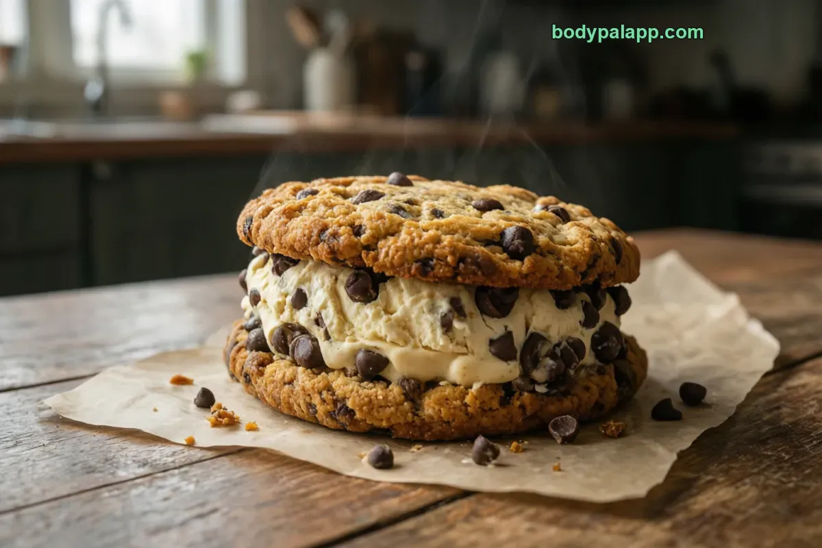 Ice cream cookie sandwich, frozen, ready to eat