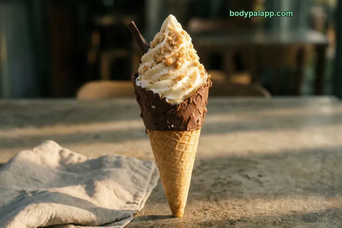 Ice cream drumstick, chocolate coated, with nuts