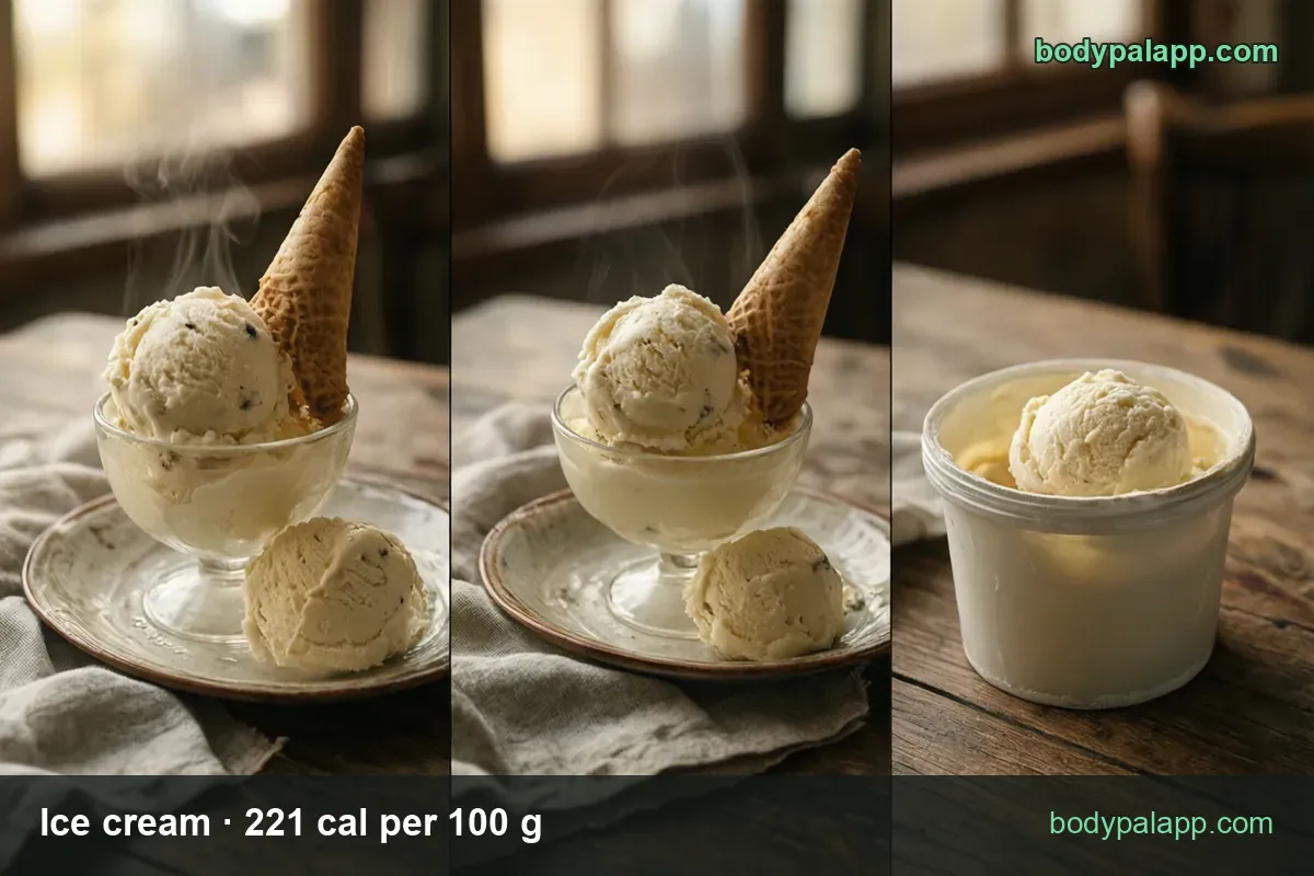 Vanilla ice cream in a glass bowl, a waffle cone and an open tub: 1 scoop (120 g) 265 cal, 1 cup (135 g) 298 cal