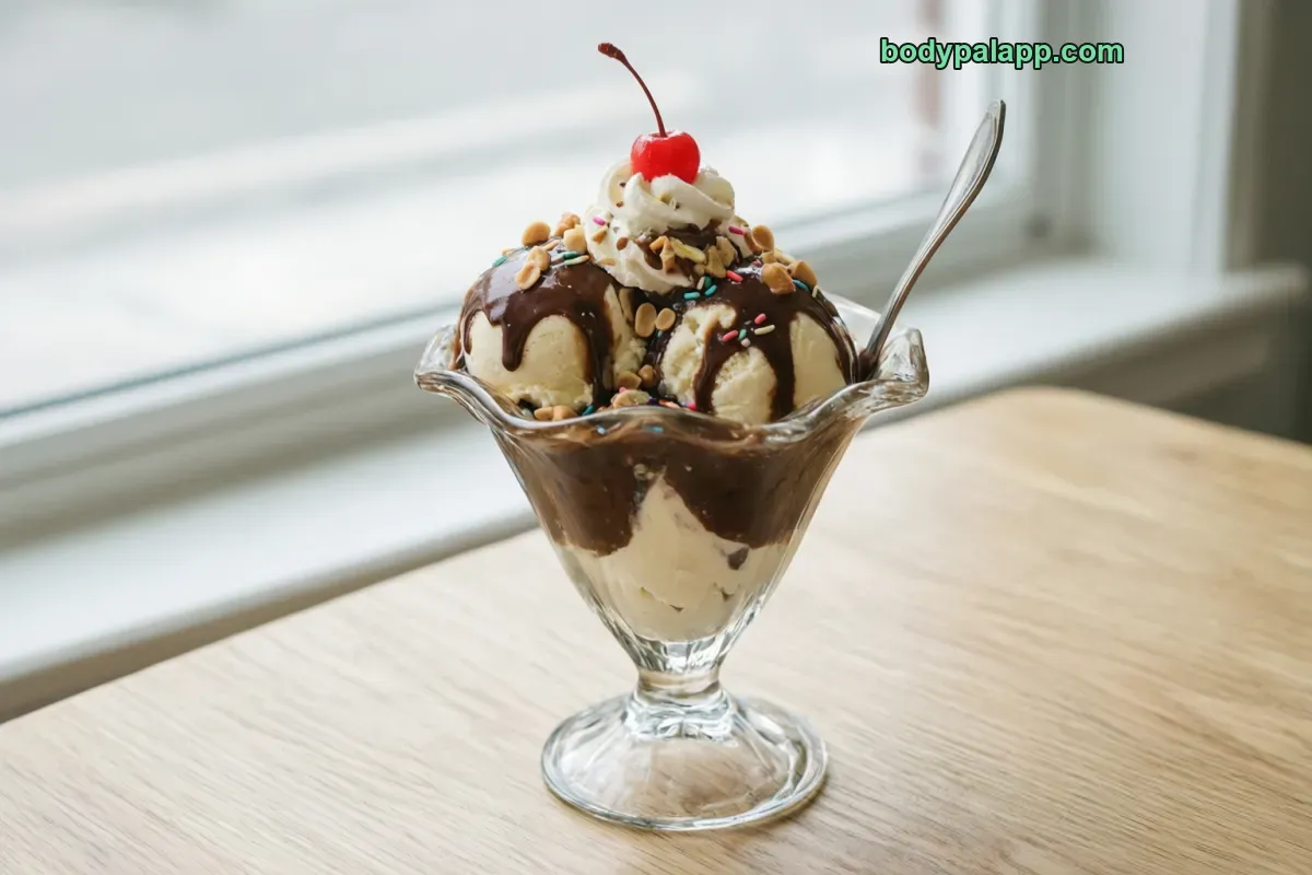 Ice cream sundae, with typical topping