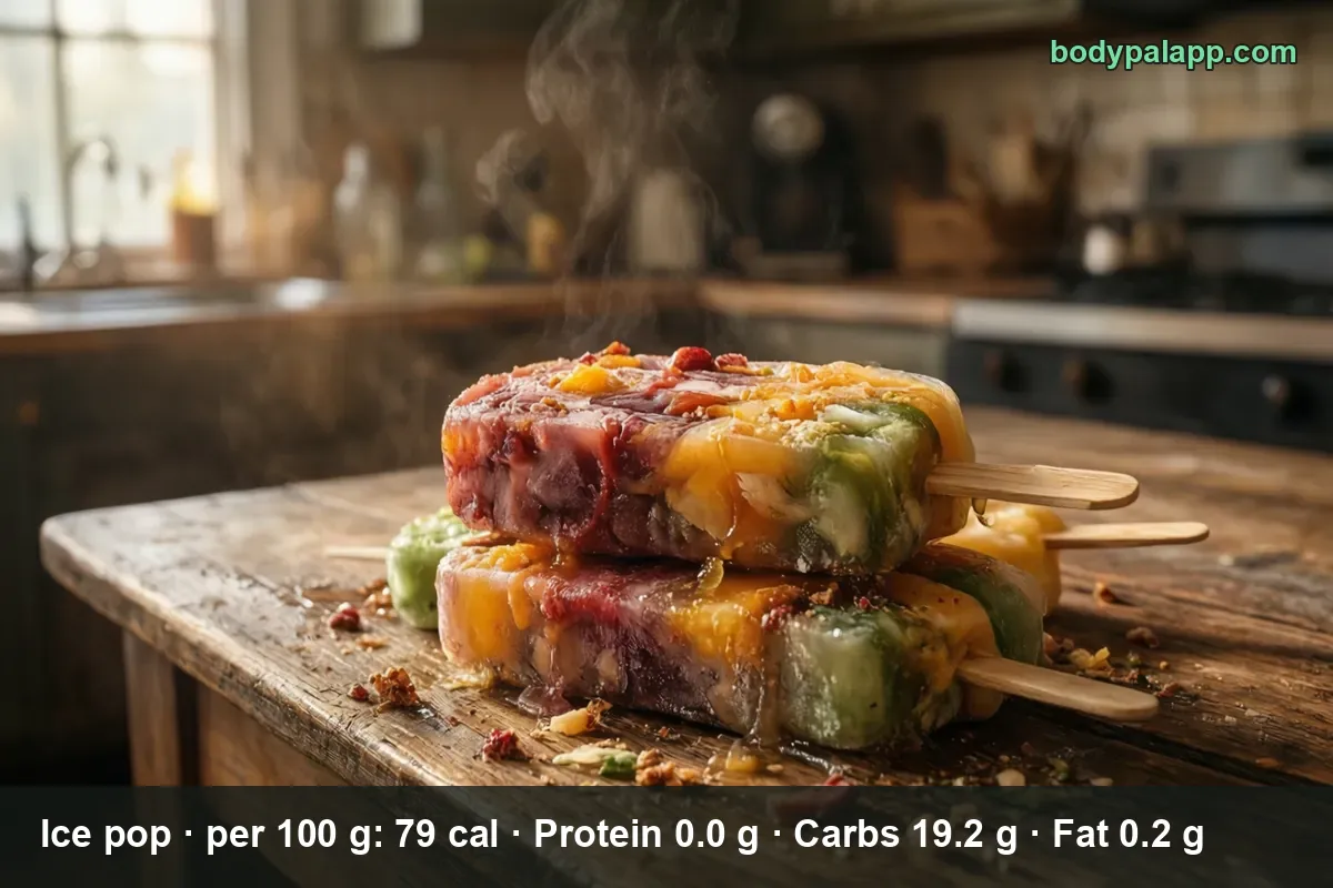 Two rectangular fruit ice pops on sticks stacked together, with red, orange and green fruit pieces, crumbs and icy vapor