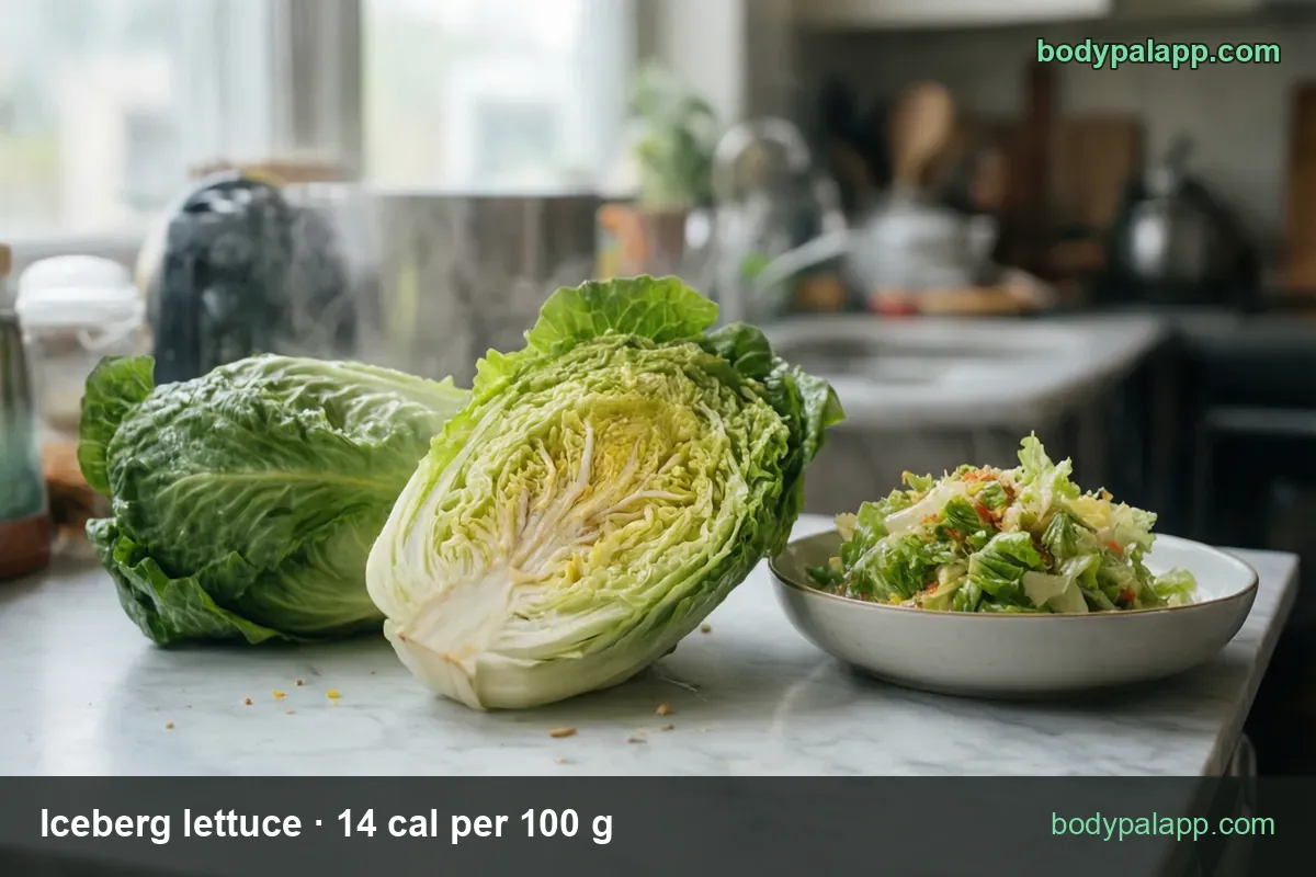 Two lettuce heads on marble, one halved with a pale core, next to a bowl of chopped salad; 1 cup shredded (72 g) 10 cal, 1 medium head (539 g) 75 cal